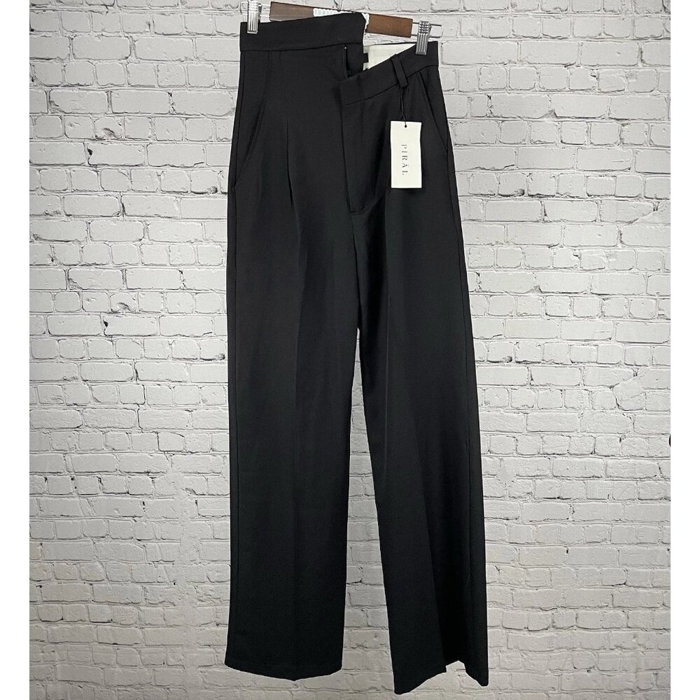 NWT Piral Black High Rise Asymmetric Zipper Wide Leg Pants Size Small (26x34)